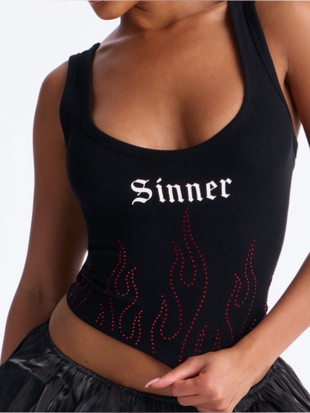 Fashion Nova Sinner Rhinestone Flame Tank Top Black Size L